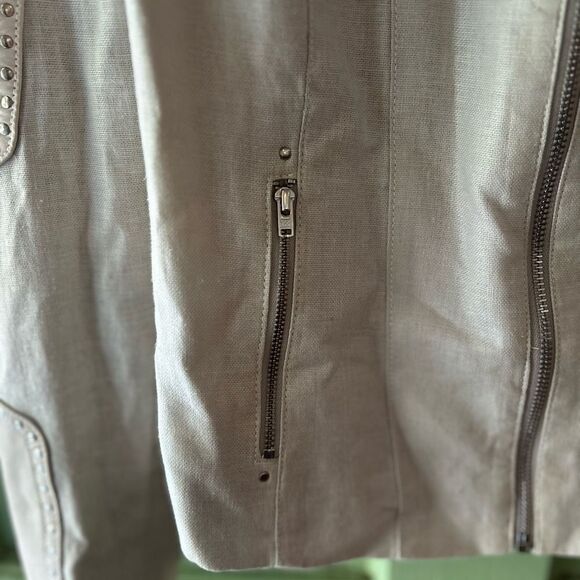 New LaMarque Tan Leather Linen moto biker studded zips Jacket small - Picture 4 of 13